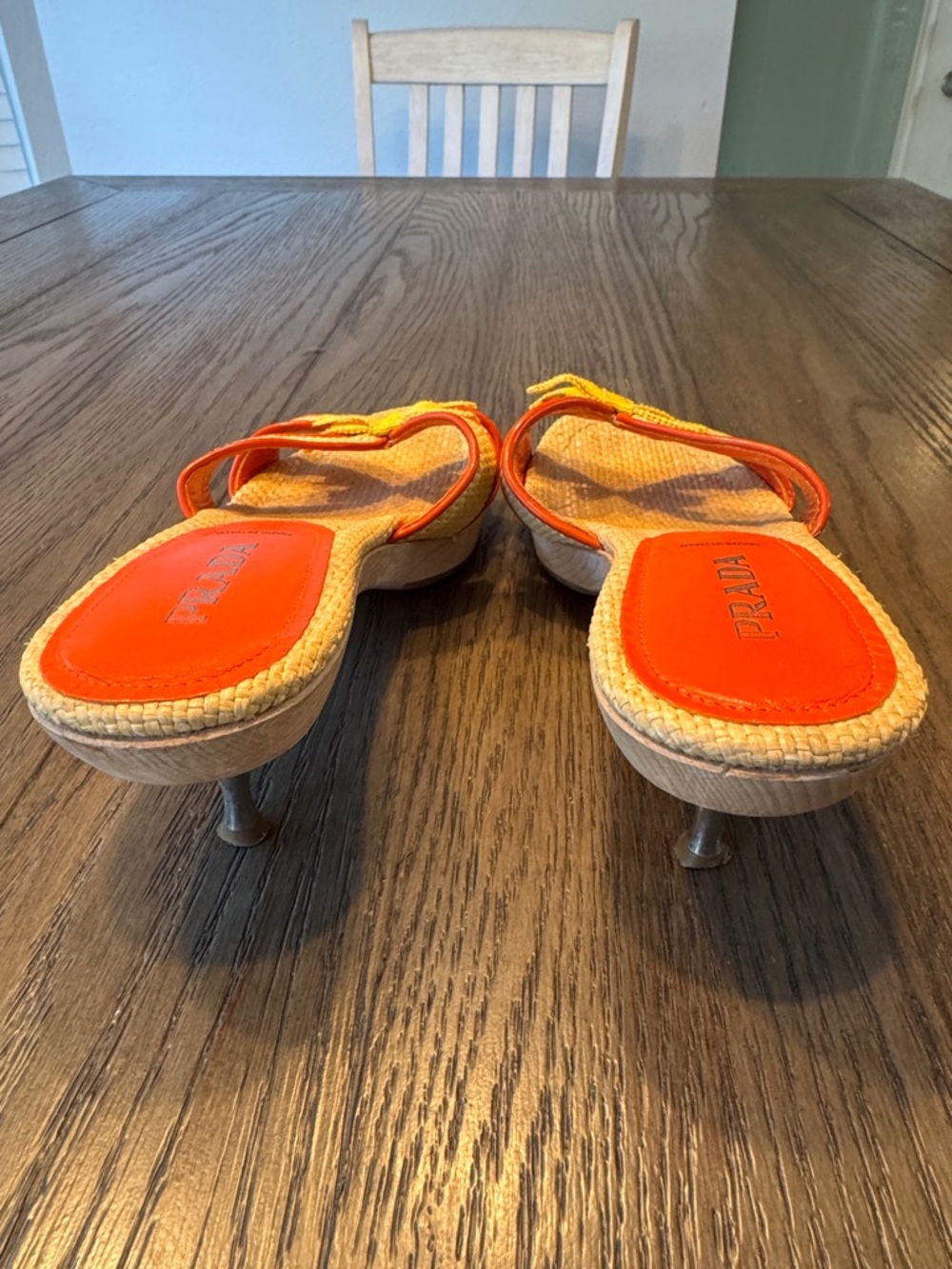 Prada Beige Raffia Slide Mules with Yellow Bow and Coral Trim - Picture 4 of 14